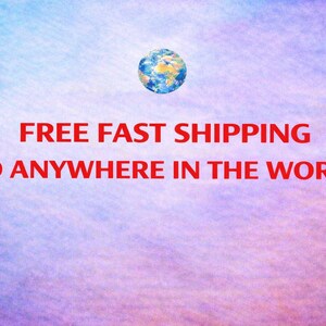 May include: Image with a watercolor background in shades of blue, purple, and pink. The text "FREE FAST SHIPPING TO ANYWHERE IN THE WORLD" is in red. A small globe graphic is at the top.