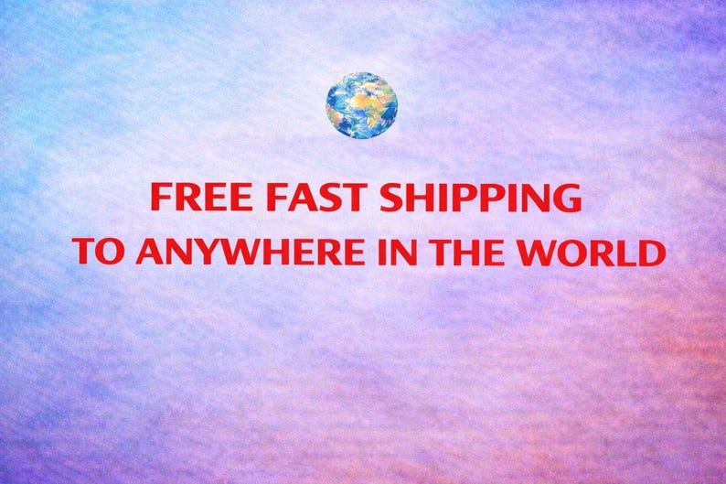 May include: Image with a watercolor background in shades of blue, purple, and pink. The text "FREE FAST SHIPPING TO ANYWHERE IN THE WORLD" is in red. A small globe graphic is at the top.