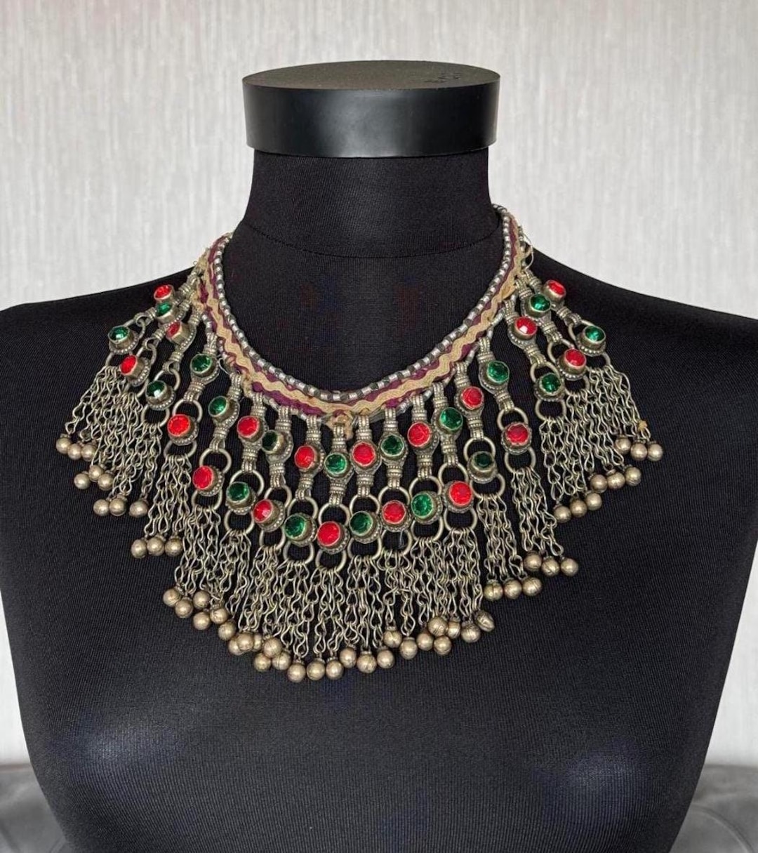 Vintage Kuchi Choker: Red Green Glass Stone Necklace, 1960s
