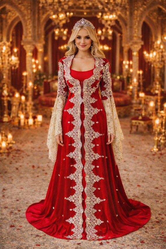Traditional Turkish Kaftan - Ottoman Motif Embroidered Silk Velvet Bindall, Henna Night Costume