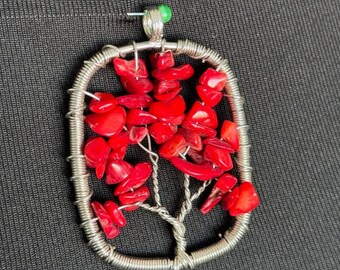Wire Wrapped Coral Tree of Life Necklace: Spiritual Stone Jewelry