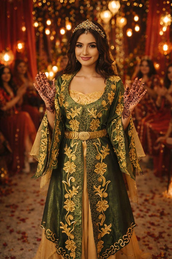 turkish night dress for ladies Traditional Green Bindallı,Turkish Women's Costume, Ottoman Model Kaftan,  Henna Night Dress