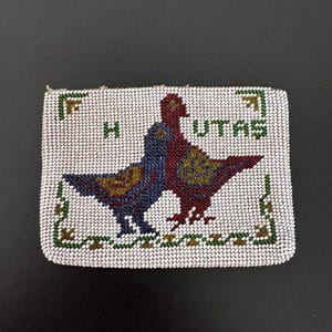Carteira de contas feita por prisioneiros, bordado de contas, tecido antigo, carteira de contas antiga, bordado de contas com motivos de pássaros