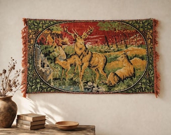 Vintage 1950s Deer Tapestry: Rustic Velvet Wall Decor