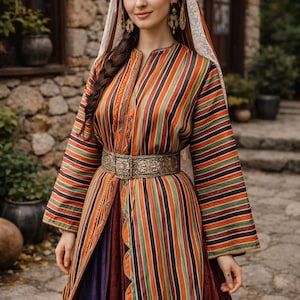 Può includere: Una donna indossa un abito tradizionale a righe con una cintura decorativa. L'abito presenta strisce verticali arancioni, verdi e nere. Indossa anche un copricapo e orecchini, con un edificio in pietra sullo sfondo.