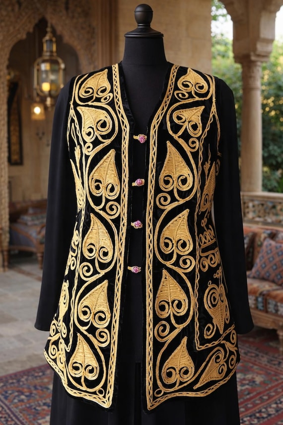 Gold-colored embroidered black Velvet Sultan Vest, Authentic Turkish Ethnic Vest