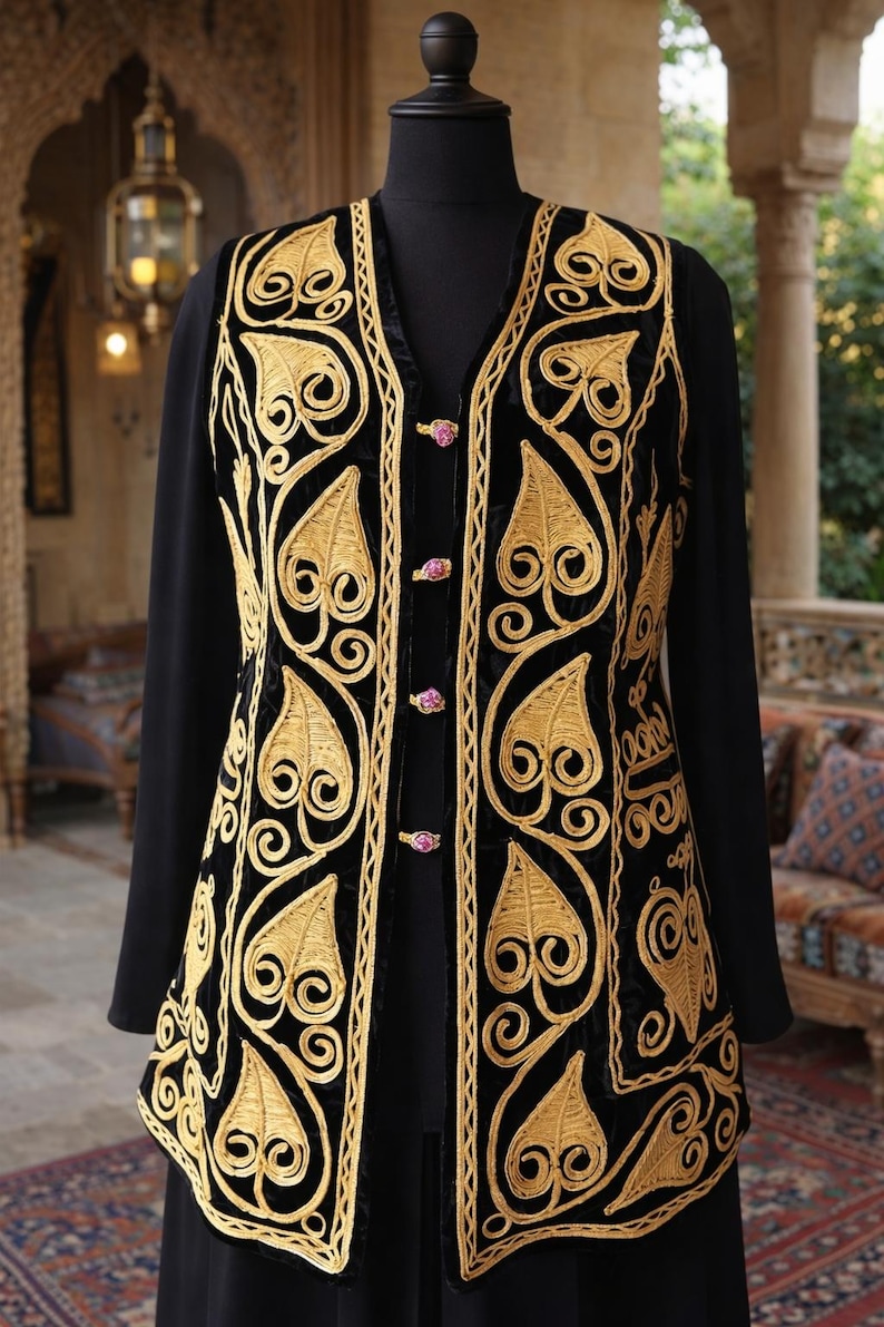 Gold-colored embroidered black Velvet Sultan Vest, Authentic Turkish Ethnic Vest image 1