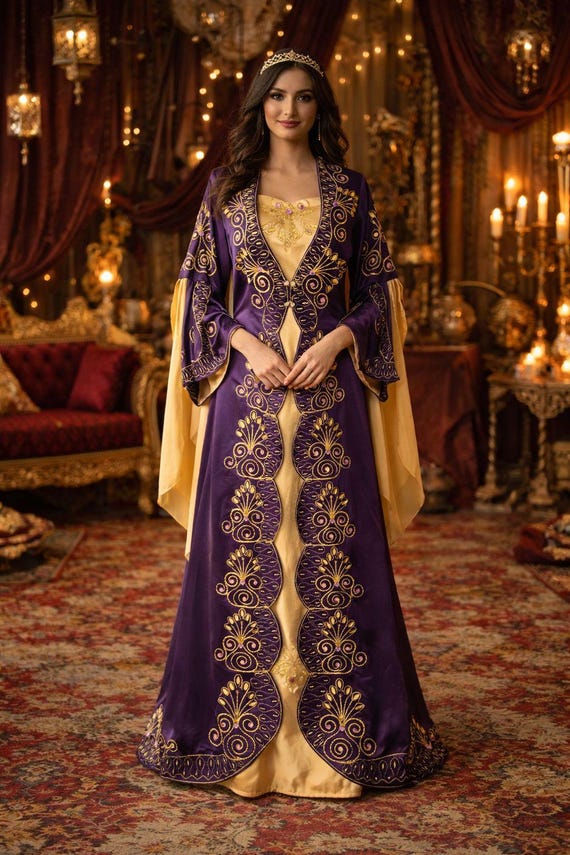purple and gold kaftan dress Traditional Turkish – Embroidered Bindallı, Henna Night Costume, Hürrem Sultan Kaftan SeasonLabel: fall-winter