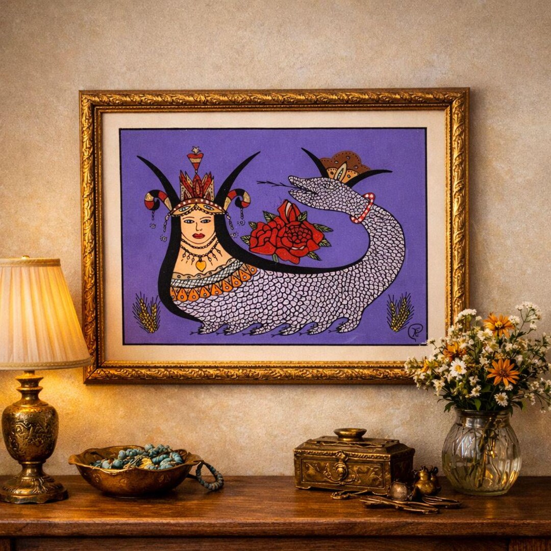 シャーマランの蛇女ガラス絵 – アナトリアトルコ神話 – 希少な壁画