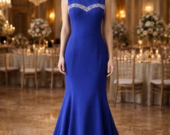 Blue Tulle Detail Evening Dress – Elegant Ball Gown with Train, Henna Night Dress, Size S