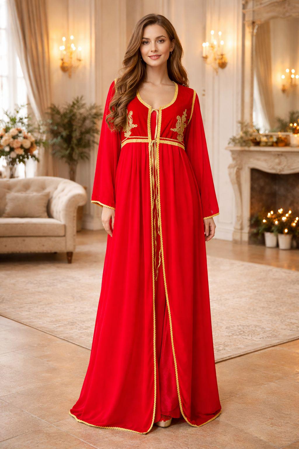 Red Embroidered Kaftan - Henna Night Dress, Turkish Traditional Costume, bindall, Medina Clothing, Theater Costume