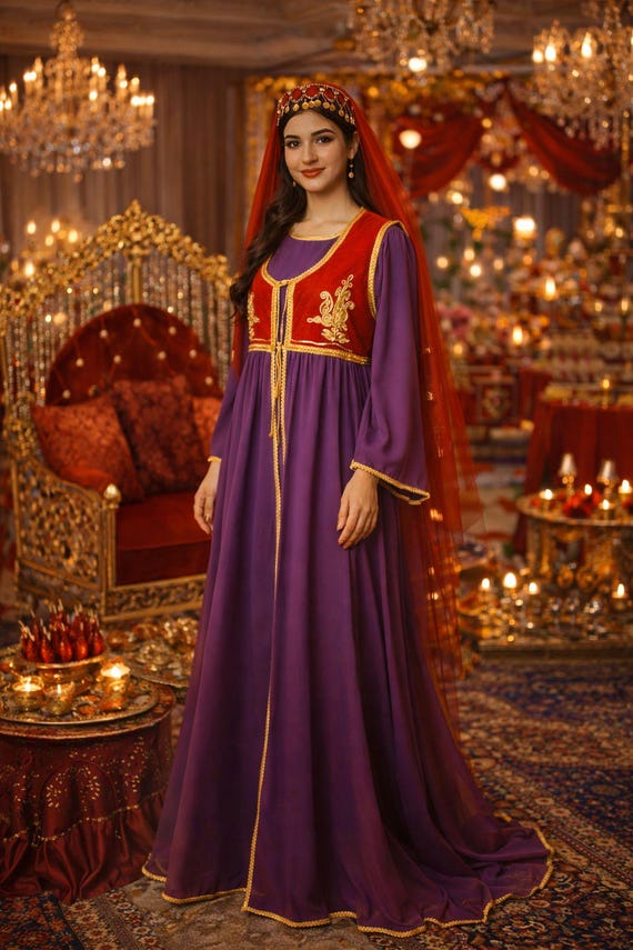 purple and gold kaftan dress Cassia Chiffon Butterfly Rhinestone Kaftan in Purple main image 1