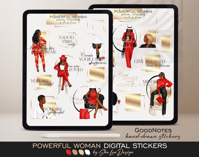 May include: Digital stickers for GoodNotes featuring illustrations of women in red and black outfits with inspirational quotes. The quotes include "I am doing this for me", "Good vibes only", "Create your own happiness", "You are loved", "You are beautiful", "You are powerful", "New week, new goals", "Give yourself time to bloom", "Good things are coming", "Mindset is everything".