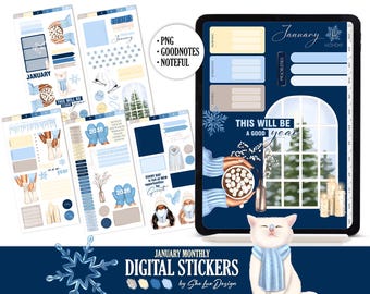 Pegatinas digitales de enero de 2026, pegatinas Goodnotes Noteful PNG Planner, pegatinas digitales de chica de invierno, libro de pegatinas de temporada, planificación de enero