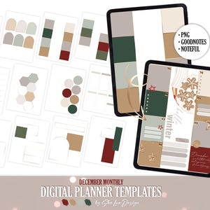 Puede incluir: Plantillas de planificador digital con temática de invierno, con un diseño mensual de diciembre. El diseño incluye varias paletas de colores y diseños, con el texto "December Monthly Digital Planner Templates" y "She Lux Design". Compatible con Goodnotes y Noteful.