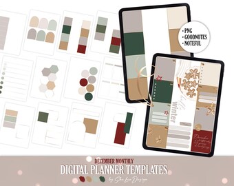 May include: Digital planner templates with a winter theme, featuring a December monthly layout. The design includes various color palettes and layouts, with the text "December Monthly Digital Planner Templates" and "She Lux Design". The templates are compatible with Goodnotes and Noteful.