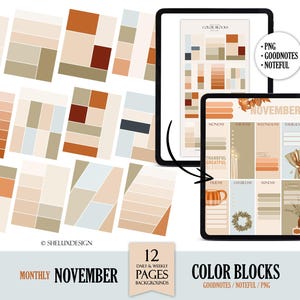 May include: Digital planner with a November theme, featuring color blocks and a weekly layout. The design includes warm tones of beige, orange, and brown. The image also shows abstract color block designs and the text "COLOR BLOCKS" and "NOVEMBER".