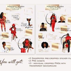 May include: A set of digital stickers featuring illustrations of women with inspirational quotes. The stickers are in a gold and white color scheme with a red accent. The quotes include "Good Vibes Only", "You Are Loved", "Keep Going", "Give Yourself Time to Bloom", "You Are Beautiful", "You Are Powerful", "Good Things Are Coming", "Mix It Up", "Create Your Own Happiness", "I Am Doing This For Me", "New Week, New Goals", "Blessed", "Only You", "You Are A Diamond", "Mindset Is Everything".