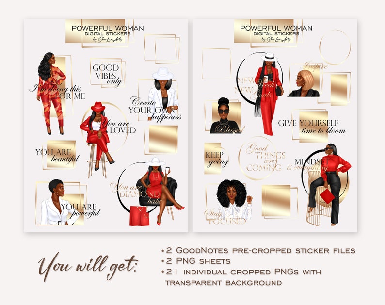 May include: A set of digital stickers featuring illustrations of women with inspirational quotes. The stickers are in a gold and white color scheme with a red accent. The quotes include "Good Vibes Only", "You Are Loved", "Keep Going", "Give Yourself Time to Bloom", "You Are Beautiful", "You Are Powerful", "Good Things Are Coming", "Mix It Up", "Create Your Own Happiness", "I Am Doing This For Me", "New Week, New Goals", "Blessed", "Only You", "You Are A Diamond", "Mindset Is Everything".