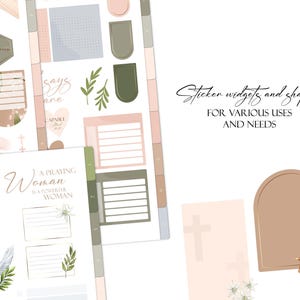 May include: A set of printable planner stickers with a religious theme. The stickers feature a variety of shapes, including circles, squares, and arches. The stickers are in shades of pink, brown, and green. The text on the stickers includes "A Praying Woman is a Powerful Woman", "Says Amen", and "Capable God".