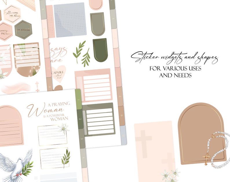 May include: A set of printable planner stickers with a religious theme. The stickers feature a variety of shapes, including circles, squares, and arches. The stickers are in shades of pink, brown, and green. The text on the stickers includes "A Praying Woman is a Powerful Woman", "Says Amen", and "Capable God".