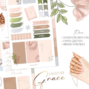 May include: A set of digital planner stickers with a religious theme. The stickers feature hand-drawn illustrations of flowers, brush strokes, and faith quotes. The text "Saved by Grace" is also included.