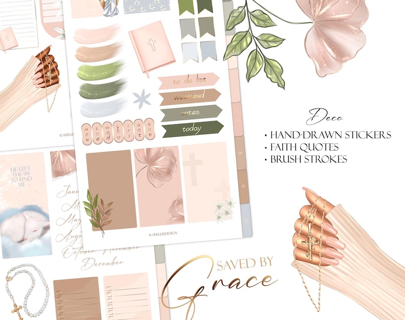 May include: A set of digital planner stickers with a religious theme. The stickers feature hand-drawn illustrations of flowers, brush strokes, and faith quotes. The text "Saved by Grace" is also included.
