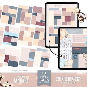 May include: Digital planner for January with color block backgrounds. The image shows two tablets displaying the planner, with a variety of pastel colors and geometric shapes. The text on the image says "January", "Color Blocks", and "12 Daily Pages".