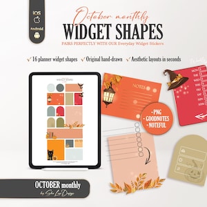 May include: Digital planner widget shapes for October featuring autumn-themed graphics like pumpkins, a black cat, a witch hat, and lanterns. Includes 16 shapes in various colors, compatible with iOS and Android, and formatted for PNG, Goodnotes, and Noteful apps.