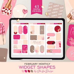 May include: A digital planner layout with various pink and neutral-toned widget shapes, stickers, and cards. The layout includes the text "February Monthly Widget Shapes" and "43 Digital Stickers". Decorative elements include hearts, flowers, and the text "XOXO".