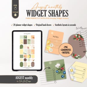 May include: Digital planner widget shapes for iOS and Android featuring 28 hand-drawn designs in various colors and forms. Includes PNG, Goodnotes, and Noteful files with floral, fruit, and ladybug illustrations, plus weekly spending and notes templates.