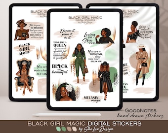 Black girl magic Digital stickers, Goodnotes stickers, Planner Stickers, Pre-cropped stickers, Affirmation sticker pack, Motivational quotes