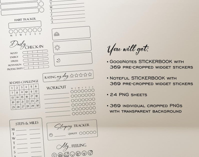 Widgets digital planner stickers, GoodNotes widget insert sticker book, Everyday life Overlay digital sticker bundle, Black White and Gold image 2