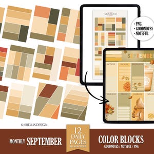 May include: Digital planner and background set featuring a warm autumn color palette. The image includes a tablet displaying a September weekly planner with a coffee illustration, and a second tablet showing color block designs. Additional color block backgrounds are also shown.