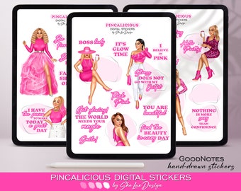 Lady in pink digital stickers, Goodnotes stickers, Pre-cropped girl boss stickers, Girl Boss PNG stickers, Pink aesthetic planner stickers