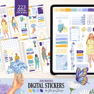Adesivi per planner digitale di giugno 2025, adesivi Goodnotes PNG, album di adesivi estivi, set mensile per la pianificazione, scrapbooking digitale "Hello Summer"