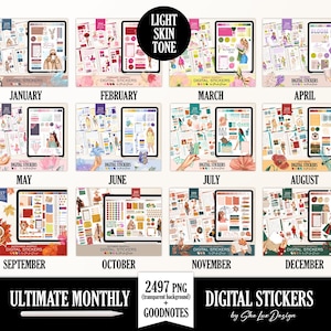 May include: A digital sticker set for GoodNotes, with monthly themes from January to December. Each month is represented with a tablet displaying themed stickers, with text labels like "January" and "February". The set includes 2497 PNG files with a transparent background.