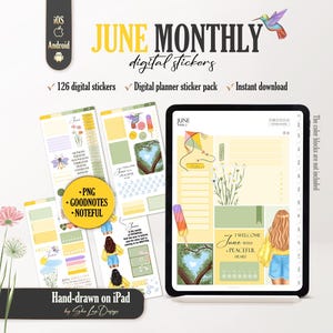 Puede incluir: Pegatinas digitales para planificador de junio, con una tableta que muestra un diseño de planificador con una cometa, flores y una niña. La imagen incluye pegatinas, el texto "JUNE MONTHLY digital stickers" y la frase "Hand-drawn on iPad."