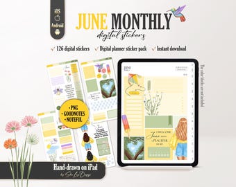 June 2026 Monthly Digital Stickers PNG, Digital Planner Stickers for GoodNotes, Noteful, Summer woman sticker set, Planning sticker pack