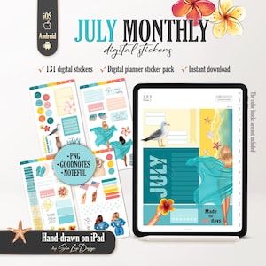 July 2026 Monthly Digital Stickers PNG, Summer Digital Planner Stickers for GoodNotes, Noteful, 4th of July sticker pack, Monthly planning