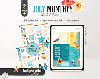 July 2026 Monthly Digital Stickers PNG, Summer Digital Planner Stickers for GoodNotes, Noteful, 4th of July sticker pack, Monthly planning