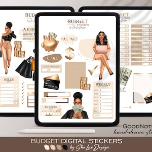 May include: A set of digital stickers for GoodNotes featuring a budget theme. The stickers are in a brown, gold, and black color scheme and include illustrations of a woman, a piggy bank, money, and a credit card. The text "BUDGET DIGITAL STICKERS by She Lux Design" is at the bottom of the image.