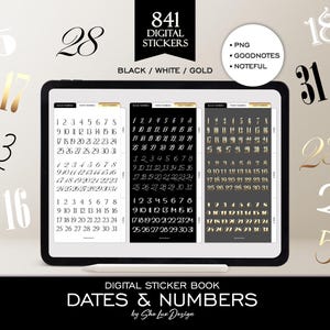 Digital planner stickers Dates and Numbers, Calendar Goodnotes elements PNG, Number digital sticker bundle, Black White and Gold calligraphy