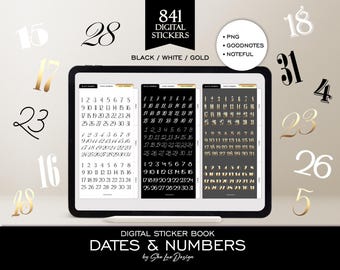 Digital planner stickers Dates and Numbers, Calendar Goodnotes elements PNG, Number digital sticker bundle, Black White and Gold calligraphy