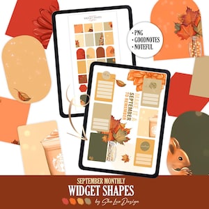 Peut inclure: Formes de widgets numériques pour septembre, sur le thème de l'automne. L'image comprend deux tablettes affichant des modèles de planificateurs numériques, ainsi que divers autocollants numériques orange, marron et beige. Le texte comprend "September Monthly Widget Shapes".