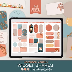 May include: A set of 43 digital stickers featuring various shapes and designs in autumnal colors. The stickers include a variety of shapes, including circles, squares, rectangles, and leaves. The stickers are perfect for adding a touch of fall to your planner, journal, or other projects. The text "THERE IS ALWAYS SOMETHING TO BE THANKFUL FOR" is included on one of the stickers.