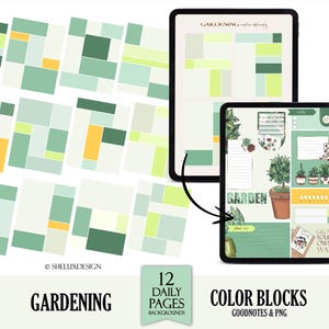 Puede incluir: Doce páginas de planificador digital con bloques de color verde, amarillo y blanco. Las páginas están diseñadas para Goodnotes e incluyen un tema de jardinería con ilustraciones de plantas y el texto "Grow Your Own Way".