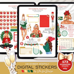 Christmas Digital Stickers, December GoodNotes stickers for iPad planner, Winter stickers, Holiday girl PNG, Red and Green Christmas sticker