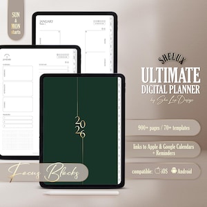 Könnte beinhalten: Digitaler Planer auf drei Tablets. Das zentrale Tablet zeigt ein dunkelgrünes Cover mit dem Jahr "2026" in Gold. Andere Tablets zeigen Kalenderlayouts. Text enthält "Ultimate Digital Planner" und "Focus Blocks."