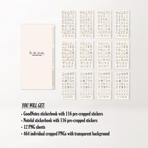 May include: A beige notebook with the text "to do icons" and several sticker sheets with small black icons. The image also includes a list of what the buyer will receive, including stickerbooks and PNG sheets.